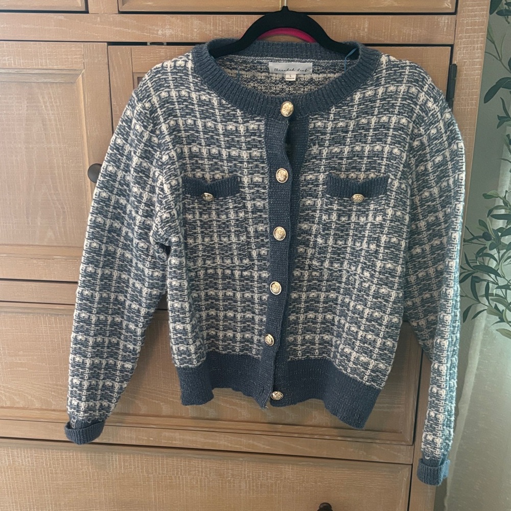 Elegant Women's Navy Cardigan with Gold Buttons